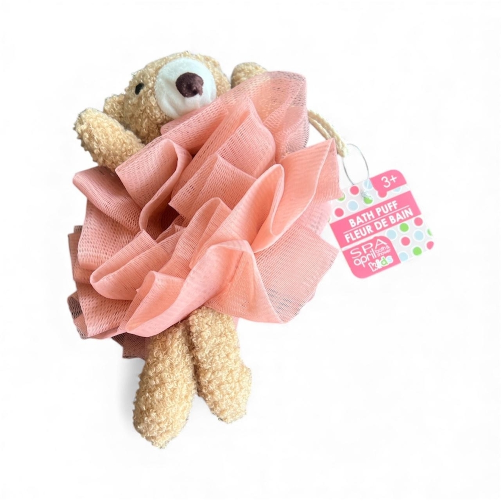 Teddy Bear Bath Puff - Pink and Brown